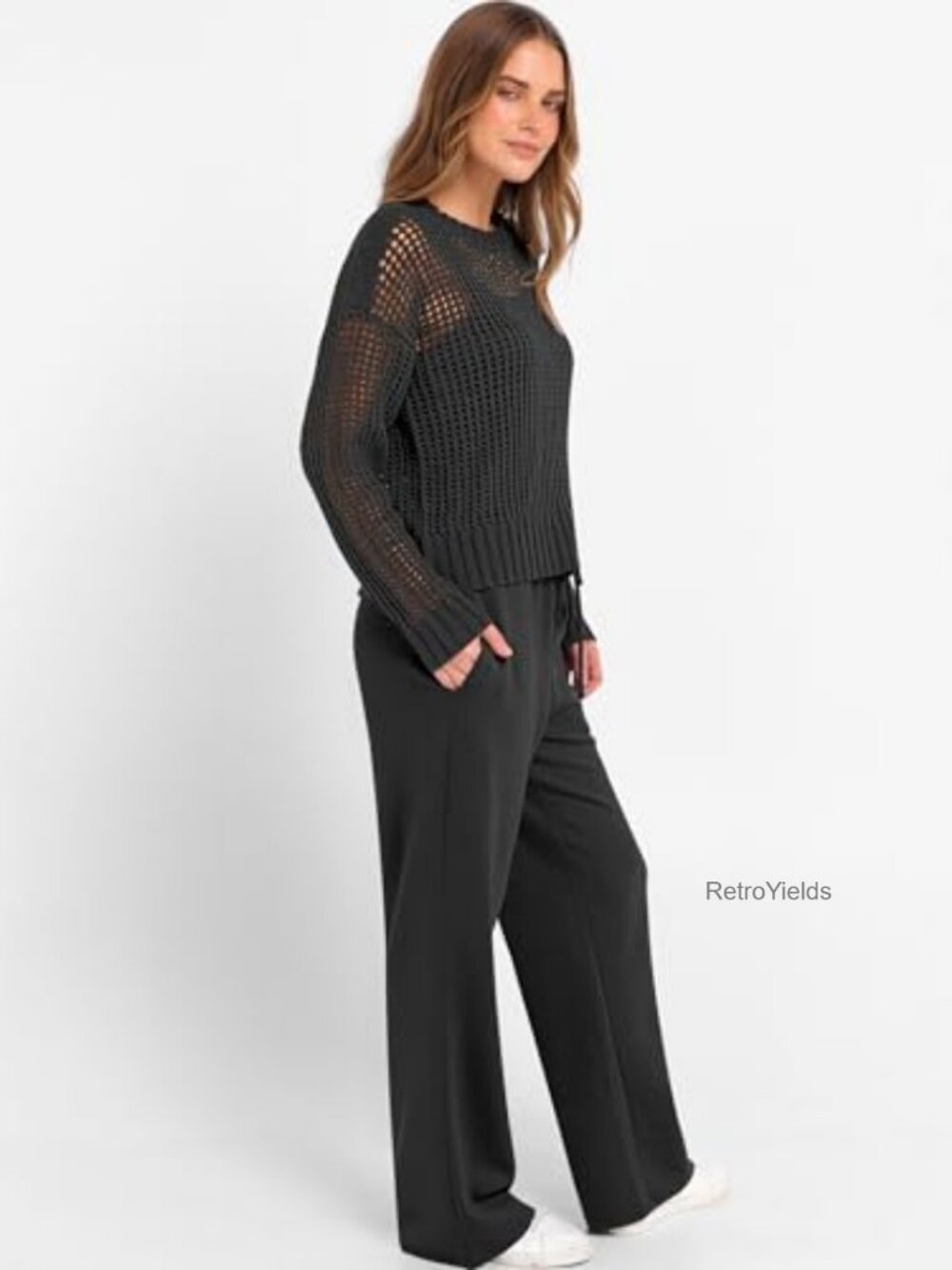 Crochet Sheer Knit Two Piece Lounge Set Wide Leg Pants Sweatsuit - Picture 3 of 6